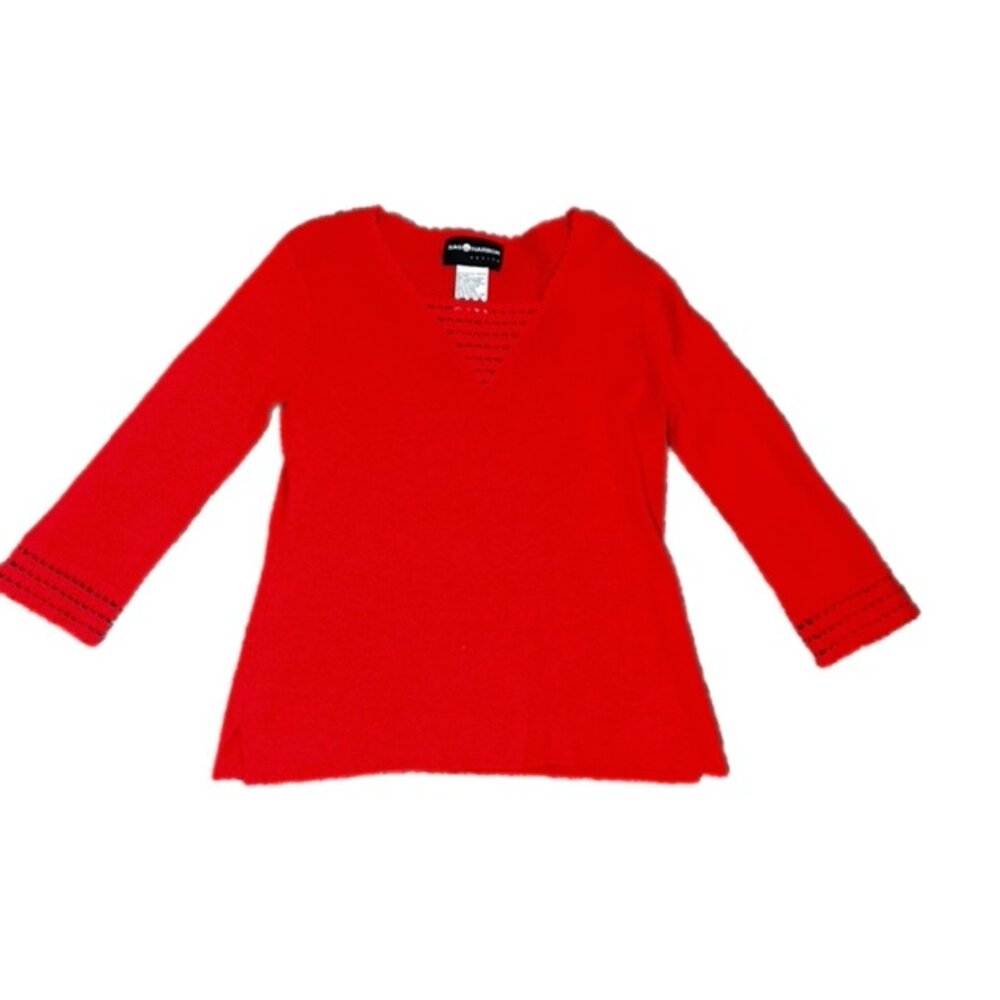 Sag Harbor Petite Crochet Neck and Sleeve Holiday Sweater Red Size PS
